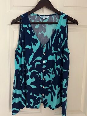escapada Teal and Navy Abstract Print Sleeveless Button-Front Tunic Top